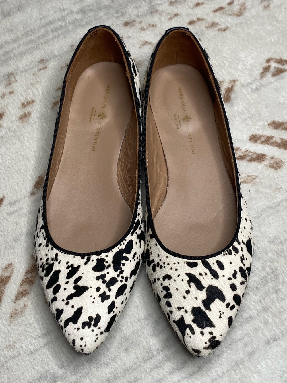 MERCANTI FIORENTINI Ballet Flats Calf Hair Upper Leather Cow Print Italy 7.5